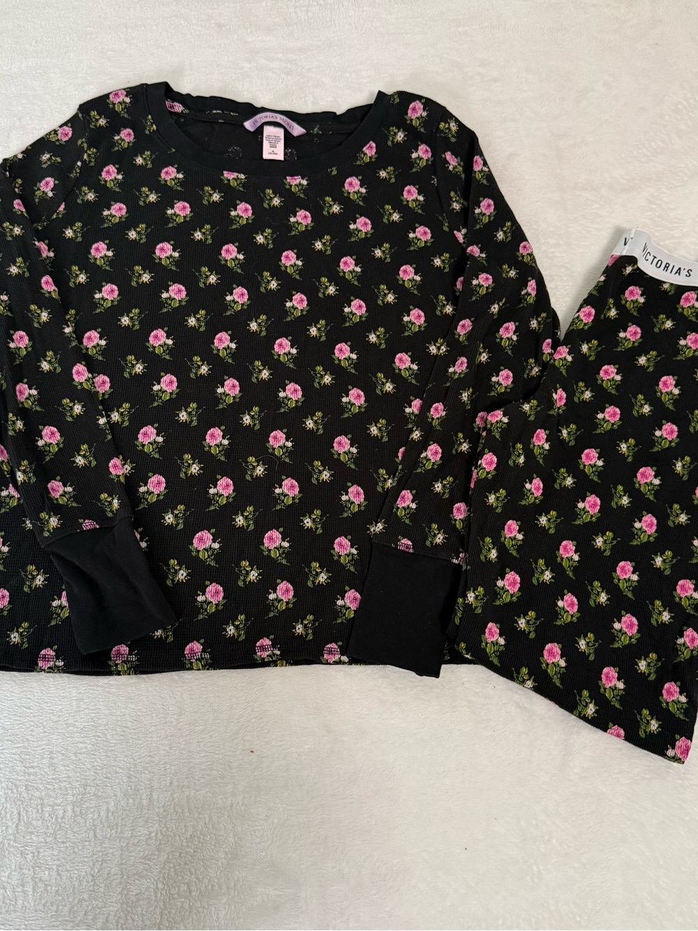 Victoria's Secret Black Floral Pink Rose waffle knit Pajama Set medium